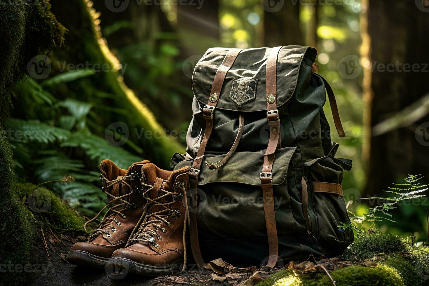 Hiking boots and backpack in the forest. Travel and adventure concept AI generated photo