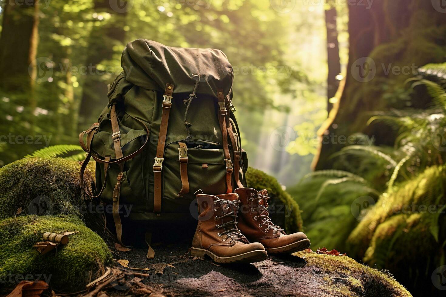 Hiking boots and backpack in the forest. Travel and adventure concept AI generated photo