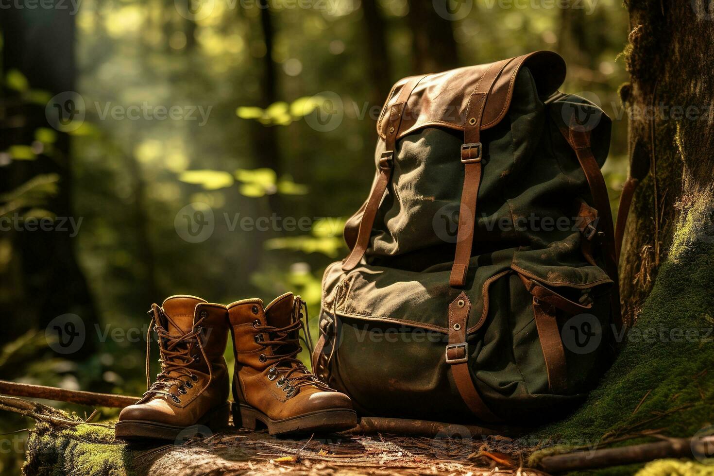 Hiking boots and backpack in the forest. Travel and adventure concept AI generated photo