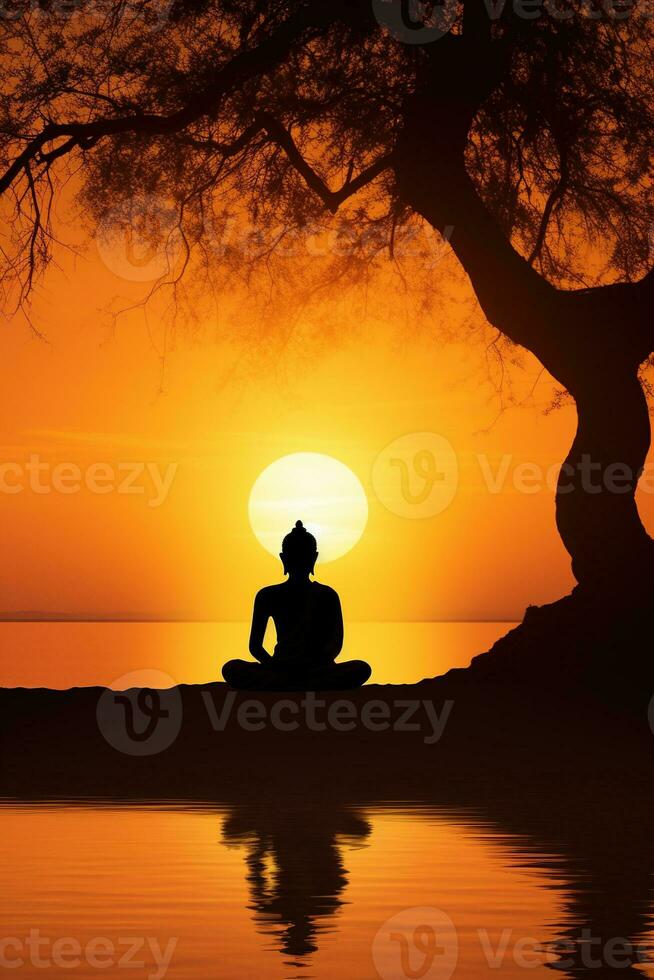Buddha statue and sunset in the morning AI generated photo