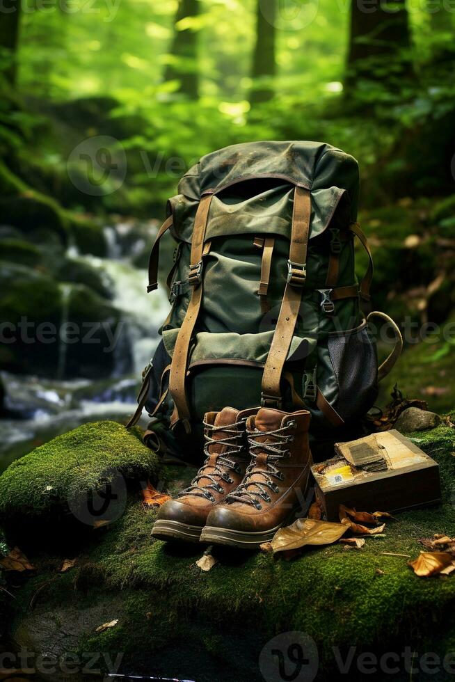 Hiking boots and backpack in the forest. Travel and adventure concept AI generated photo