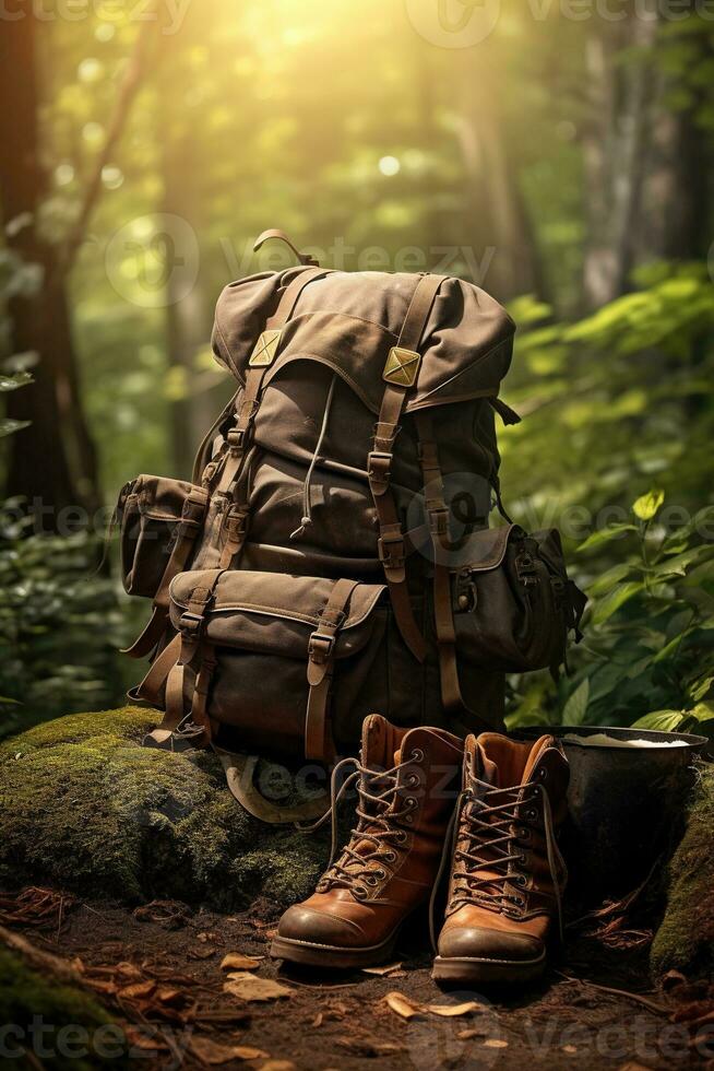 Hiking boots and backpack in the forest. Travel and adventure concept AI generated photo