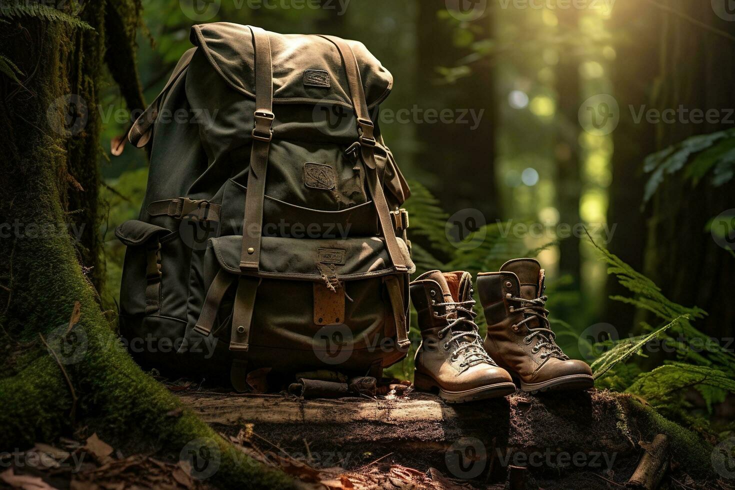 Hiking boots and backpack in the forest. Travel and adventure concept AI generated photo