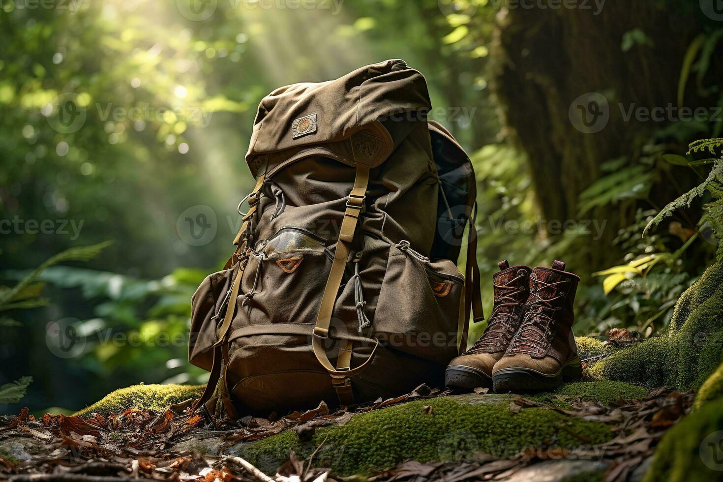 Hiking boots and backpack in the forest. Travel and adventure concept AI generated photo