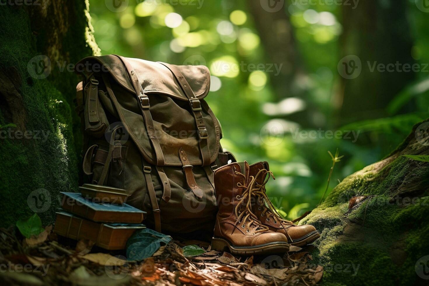 Hiking boots and backpack in the forest. Travel and adventure concept AI generated photo
