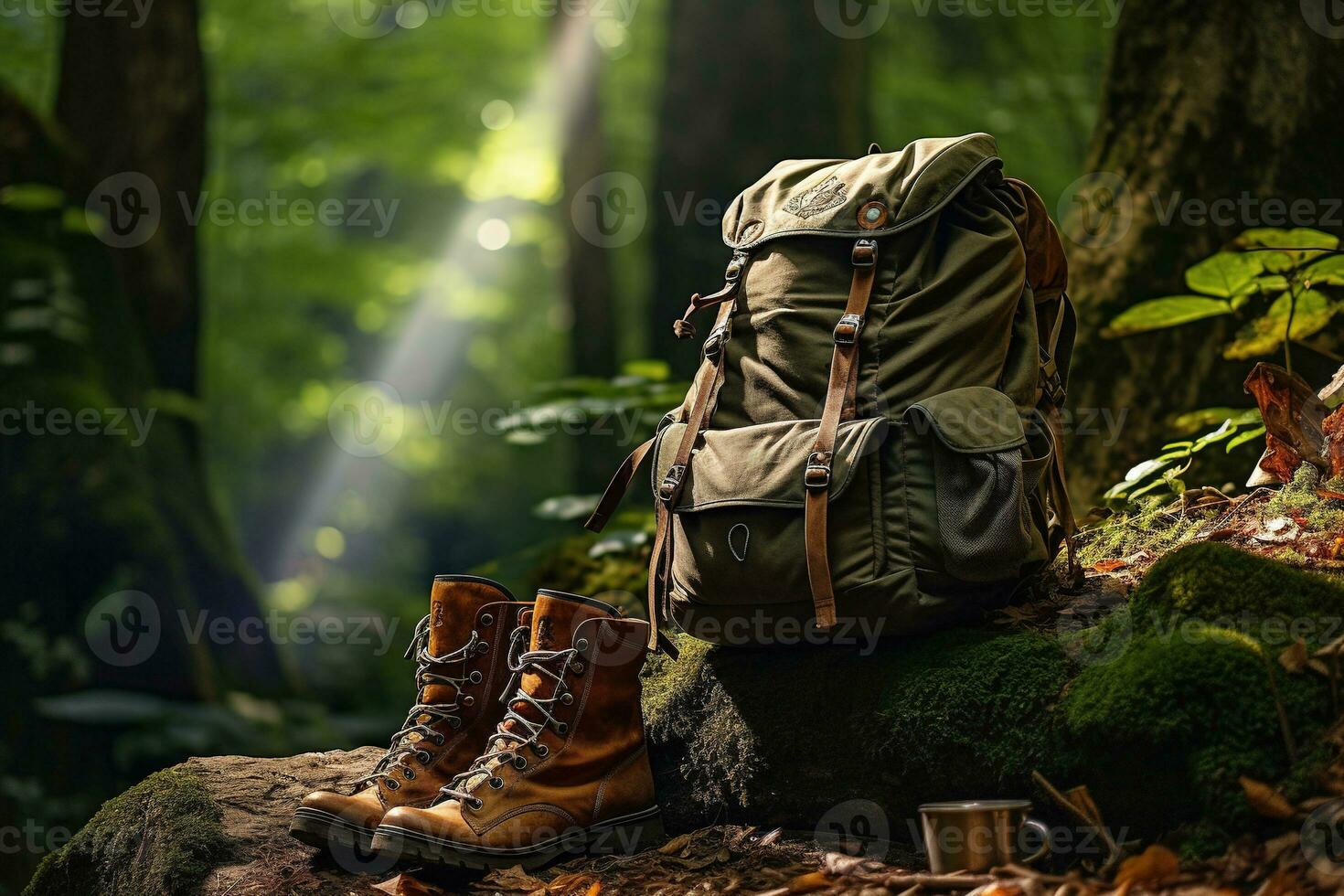 Hiking boots and backpack in the forest. Travel and adventure concept AI generated photo