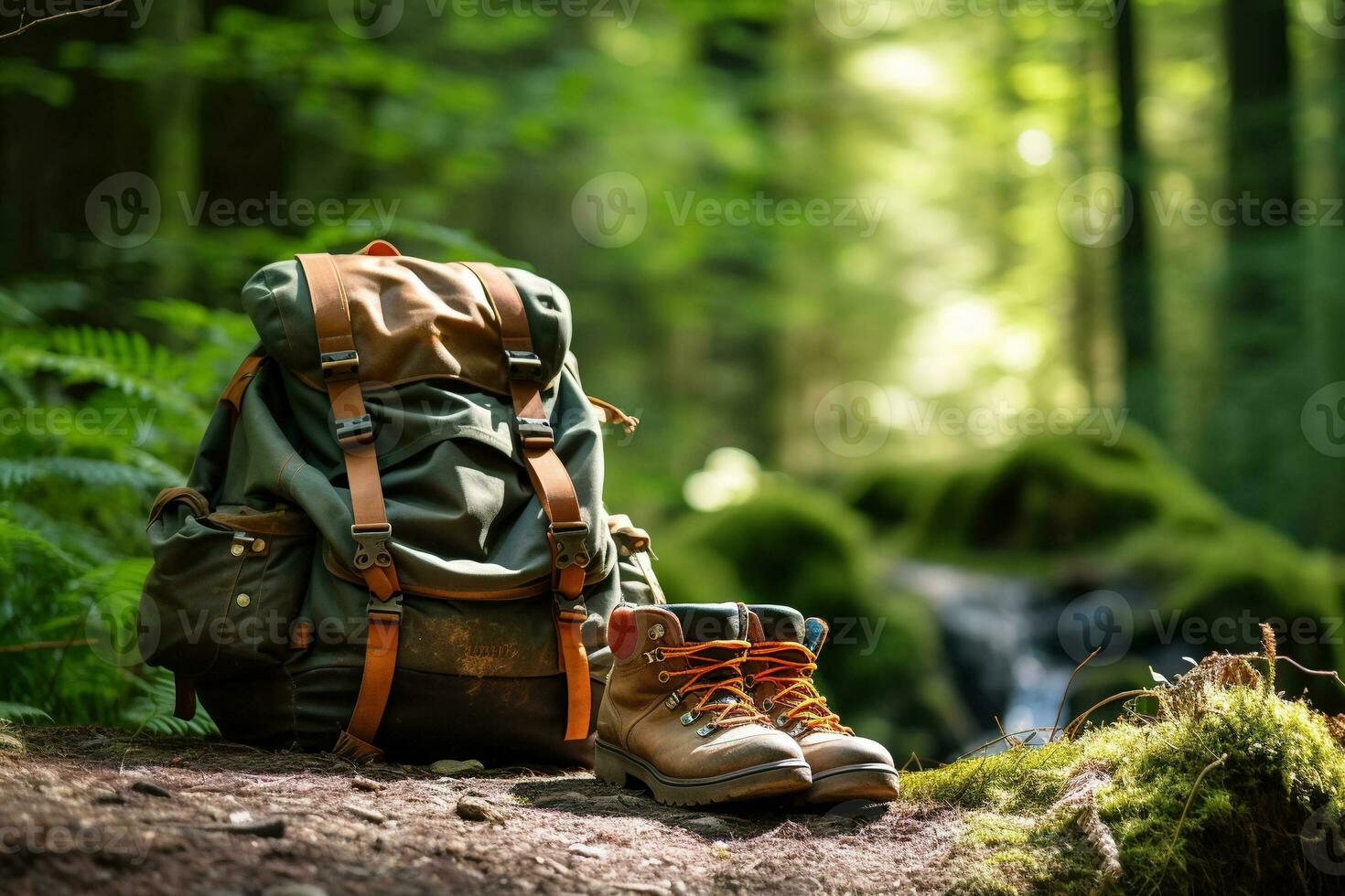 Hiking boots and backpack in the forest. Travel and adventure concept AI generated photo