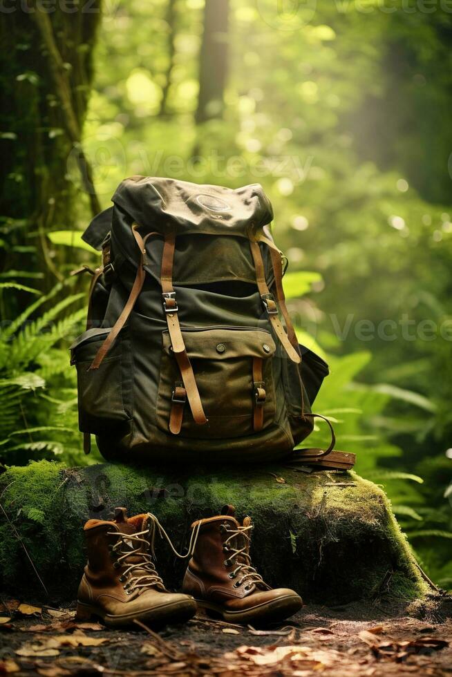 Hiking boots and backpack in the forest. Travel and adventure concept AI generated photo