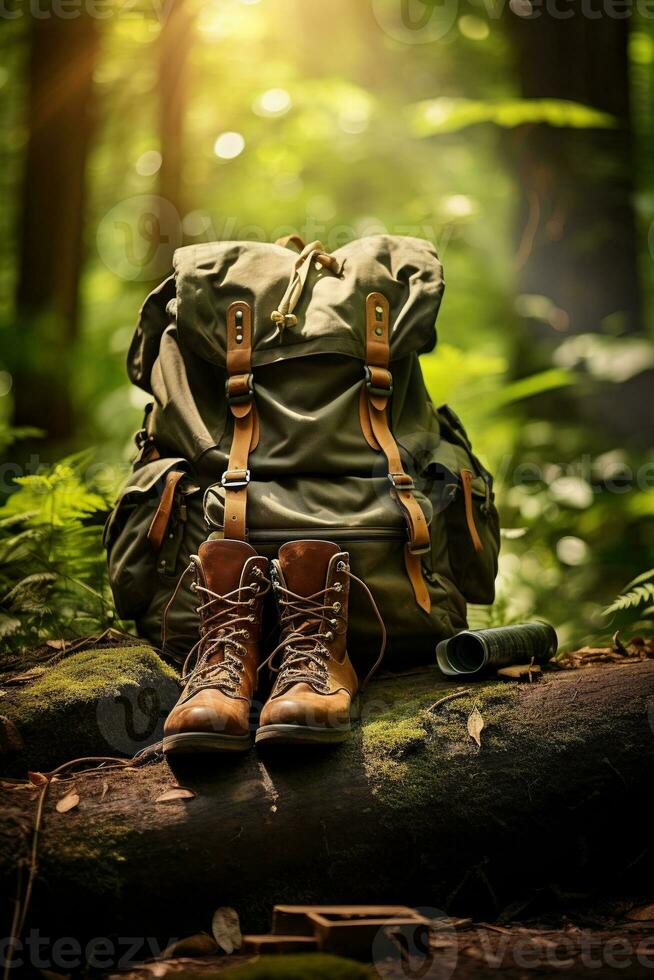 Hiking boots and backpack in the forest. Travel and adventure concept AI generated photo