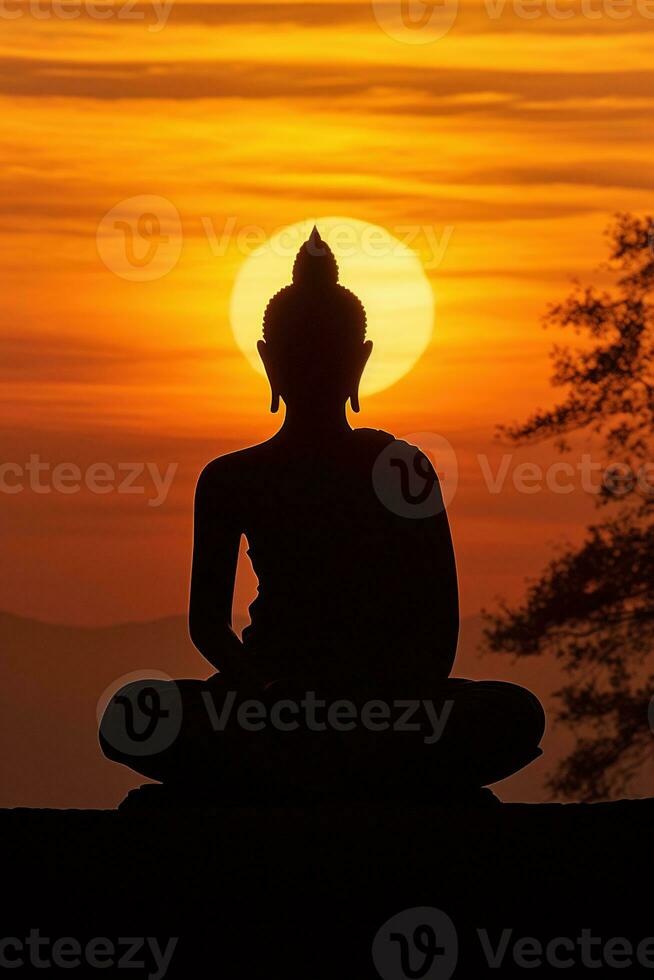 Buda estatua y puesta de sol en el Mañana ai generado foto