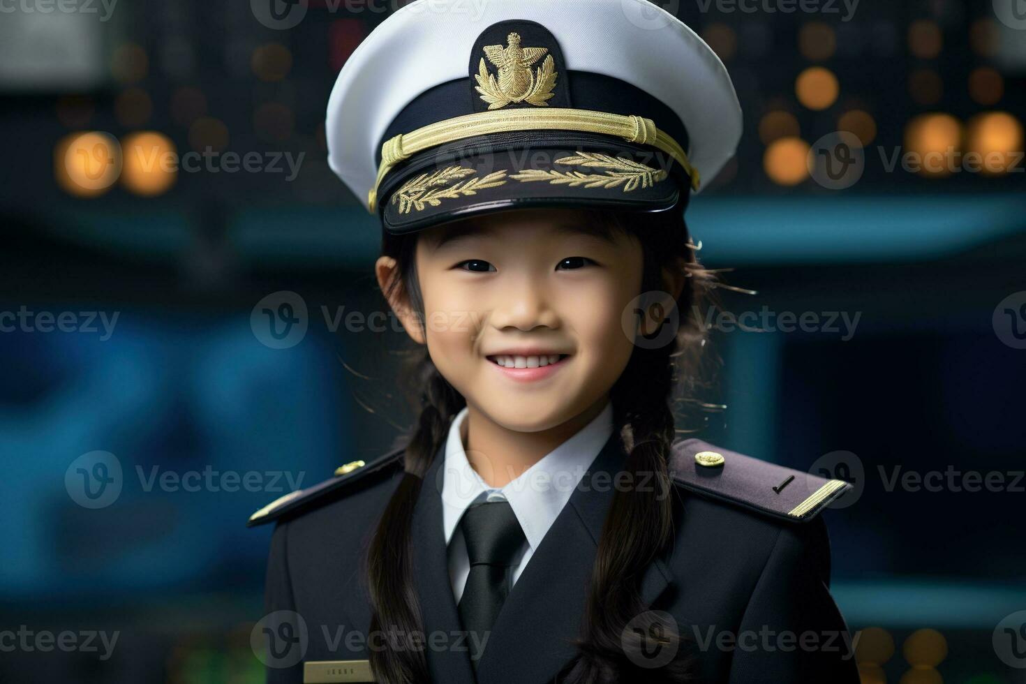 retrato de un linda asiático pequeño niña en un piloto uniforme ai generado foto