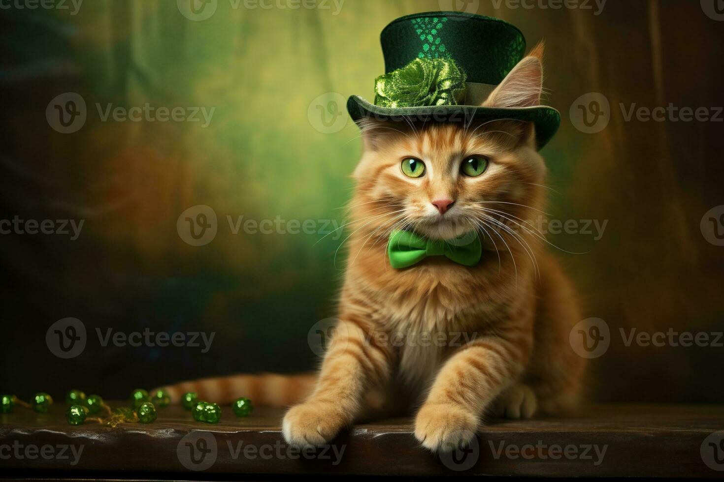 Cute cat wearing a green top hat for St. Patrick's Day. AI generated photo