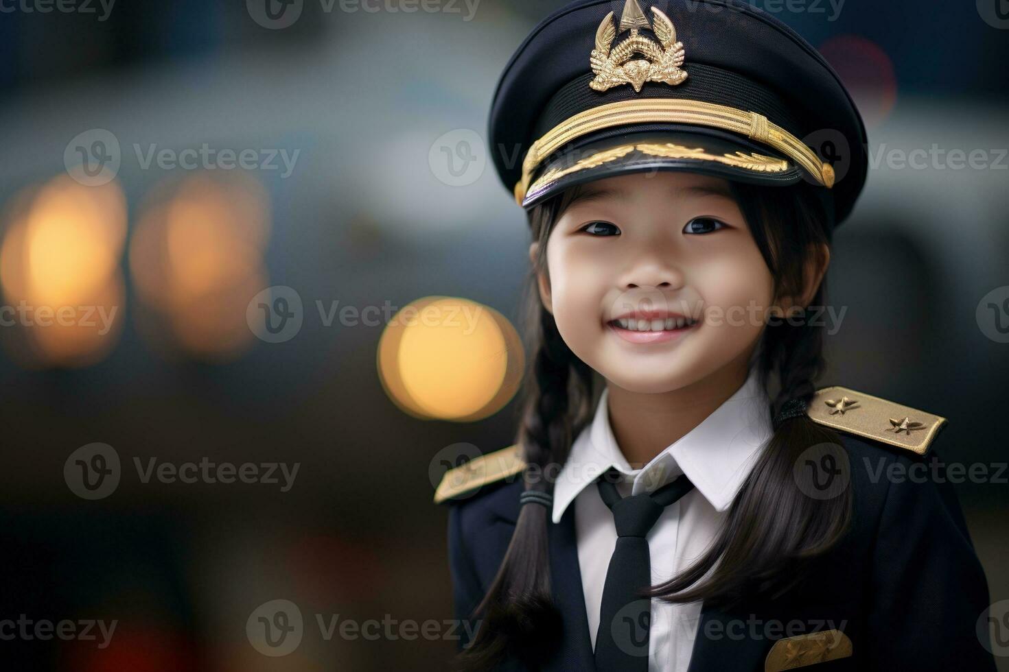 Portrait of a cute asian little girl in a pilot uniform AI generated photo