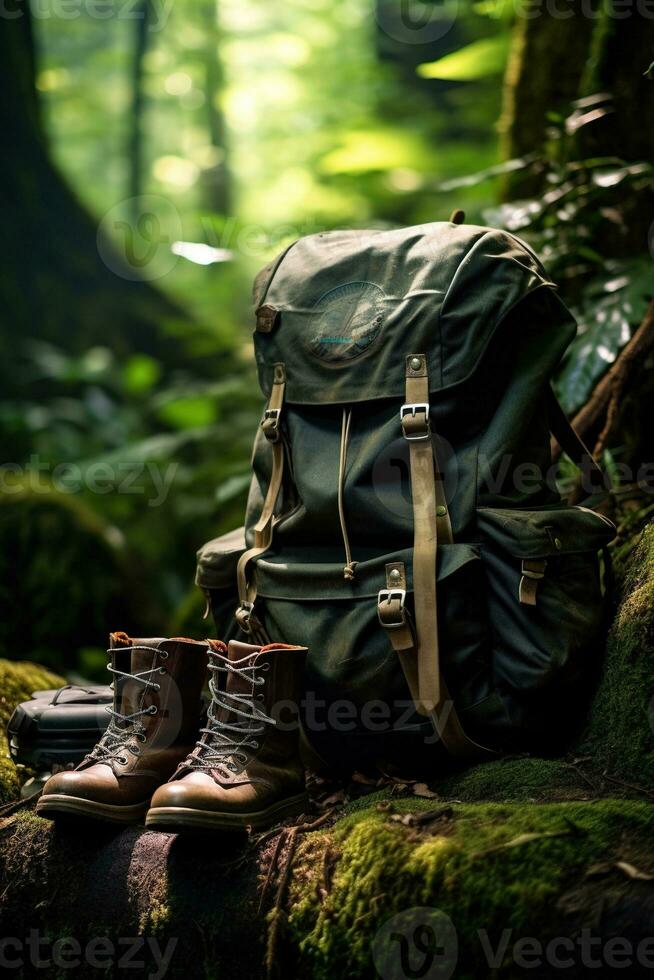 Hiking boots and backpack in the forest. Travel and adventure concept AI generated photo