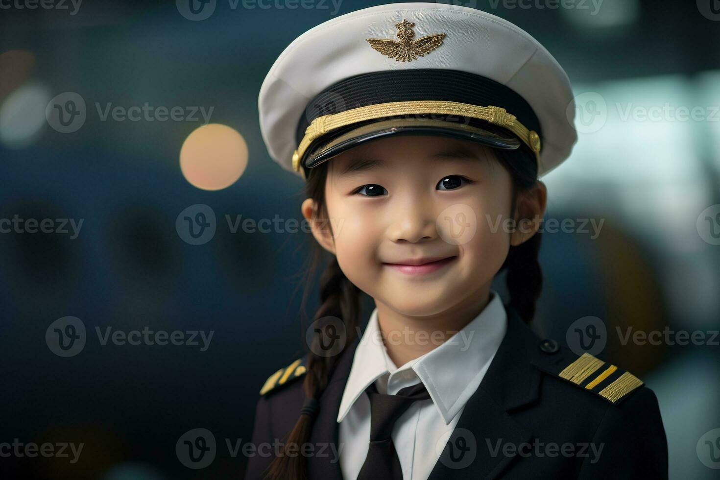 retrato de un linda asiático pequeño niña en un piloto uniforme ai generado foto