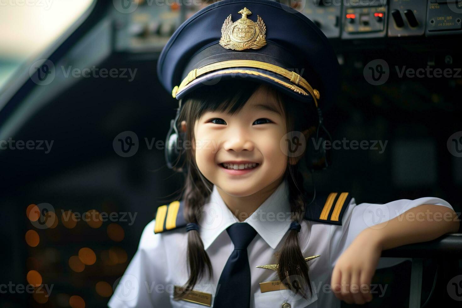 retrato de un linda asiático pequeño niña en un piloto uniforme ai generado foto