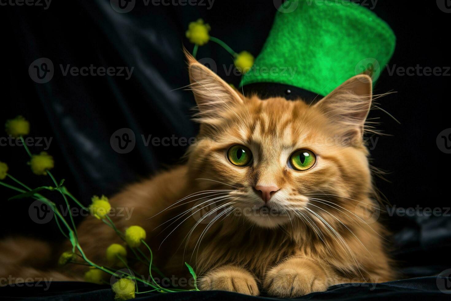 Cute cat wearing a green top hat for St. Patrick's Day. AI generated photo