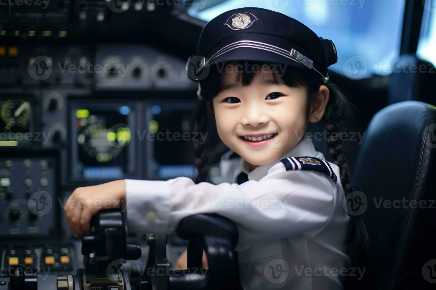 Portrait of a cute asian little girl in a pilot uniform AI generated photo