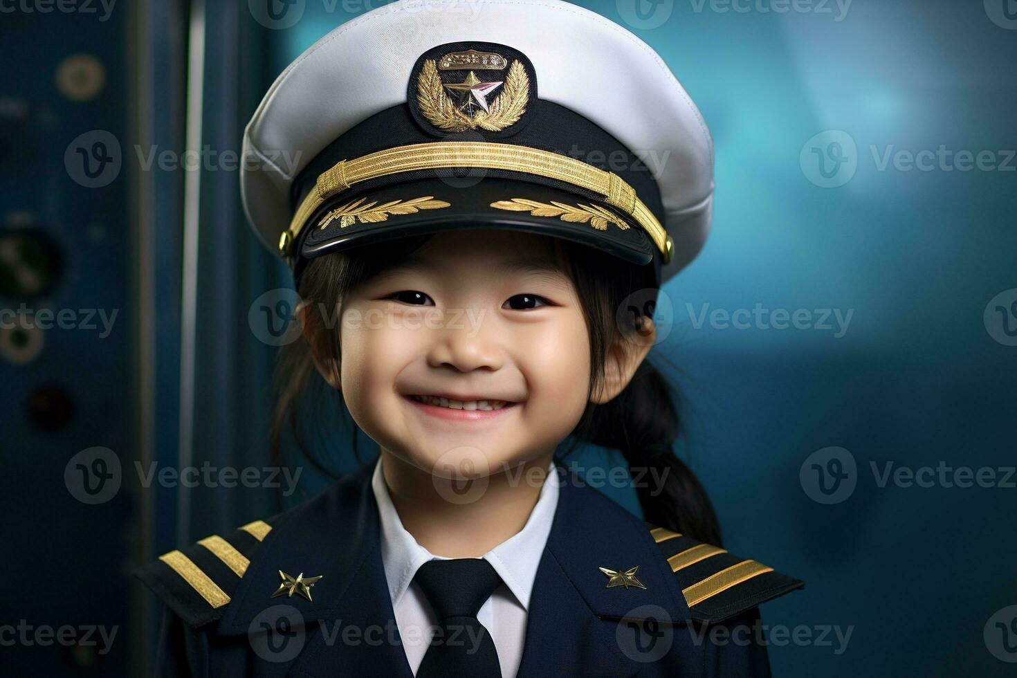 Portrait of a cute asian little girl in a pilot uniform AI generated photo