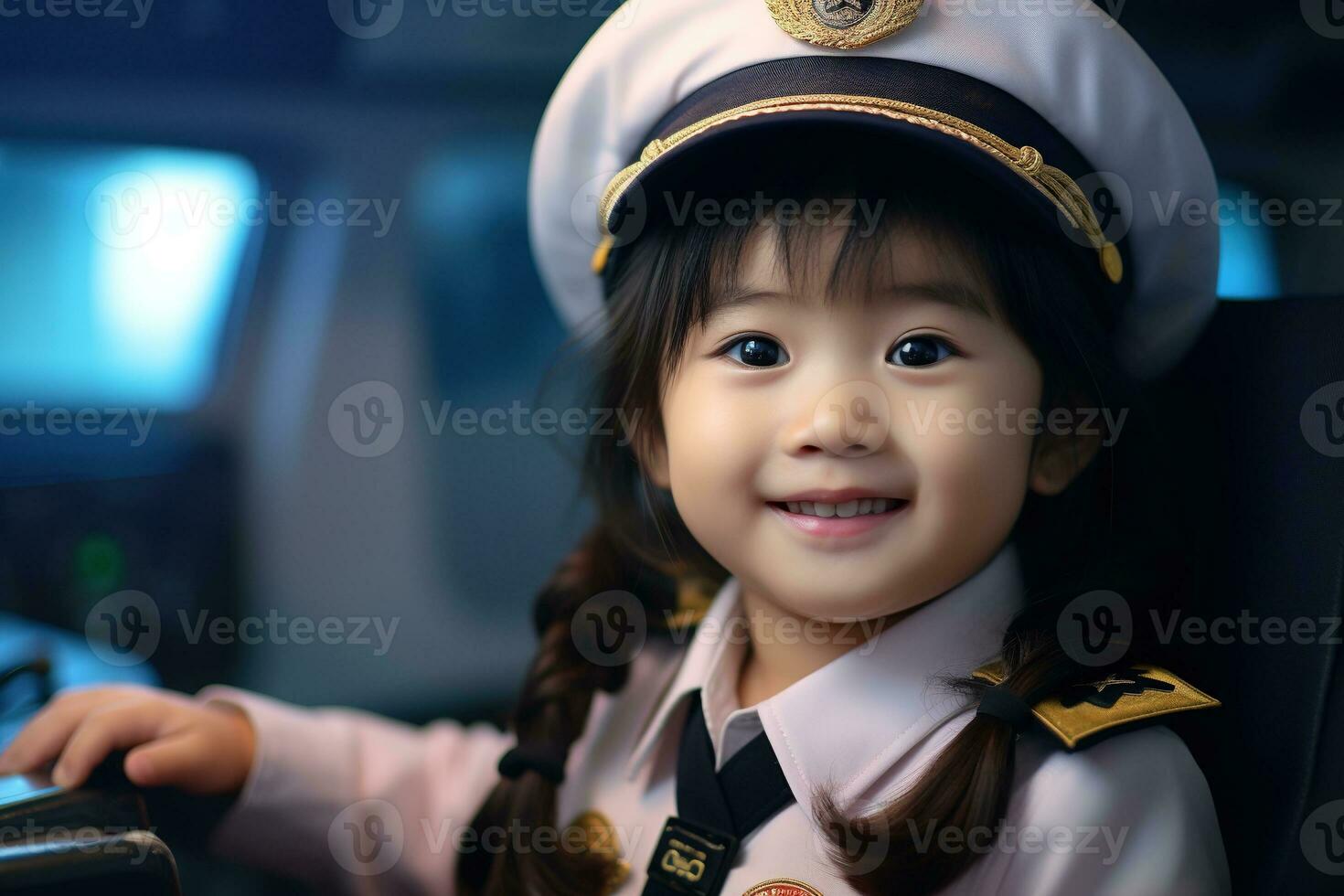 Portrait of a cute asian little girl in a pilot uniform AI generated photo