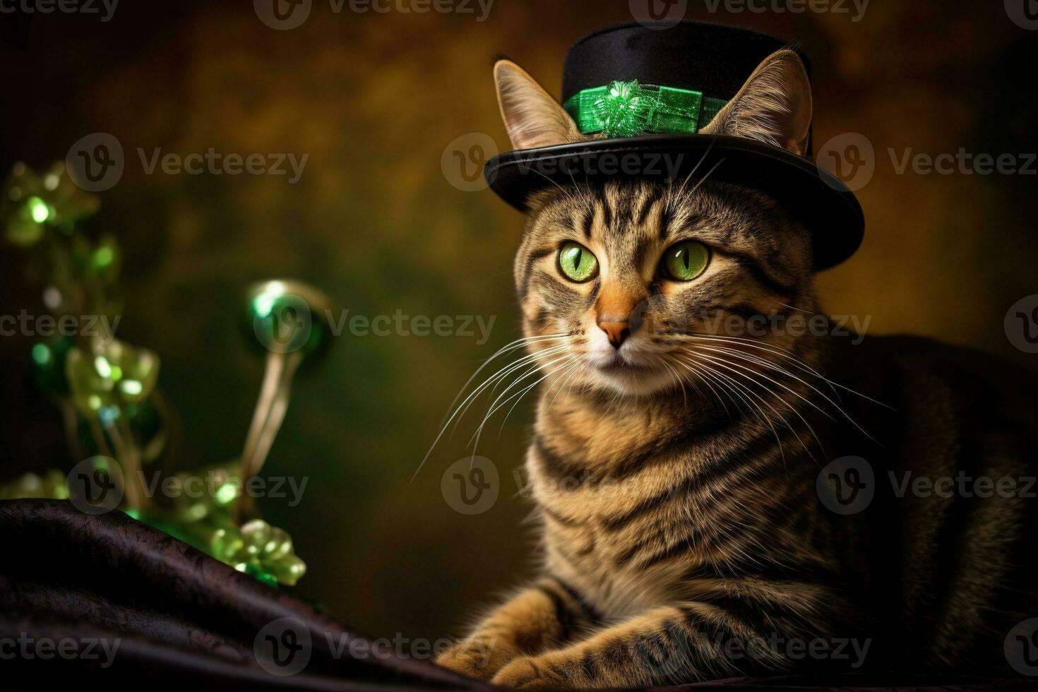 Cute cat wearing a green top hat for St. Patrick's Day. AI generated photo