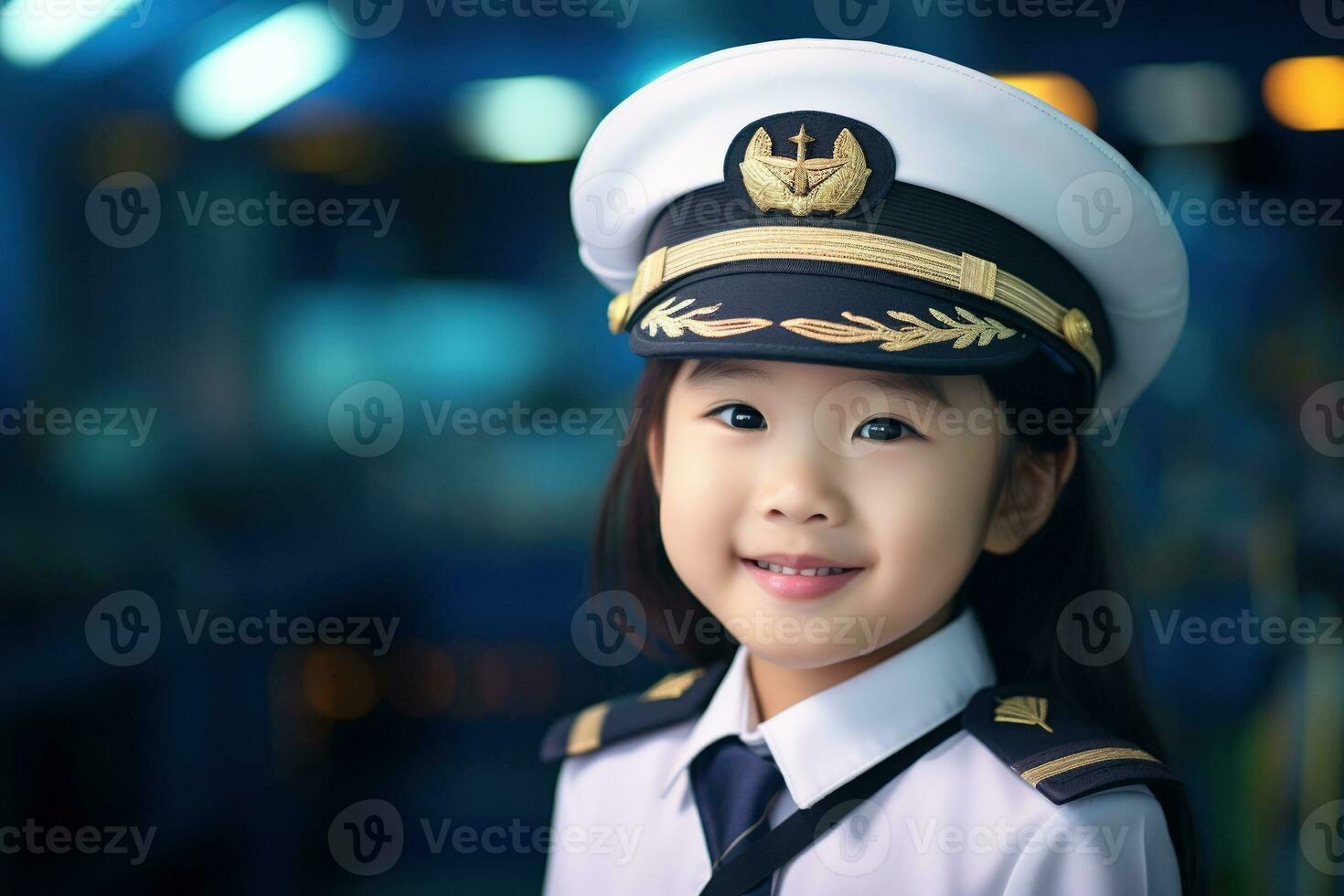 retrato de un linda asiático pequeño niña en un piloto uniforme ai generado foto