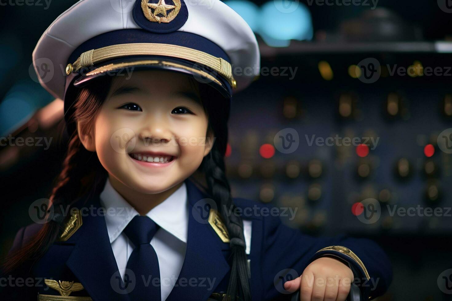 retrato de un linda asiático pequeño niña en un piloto uniforme ai generado foto