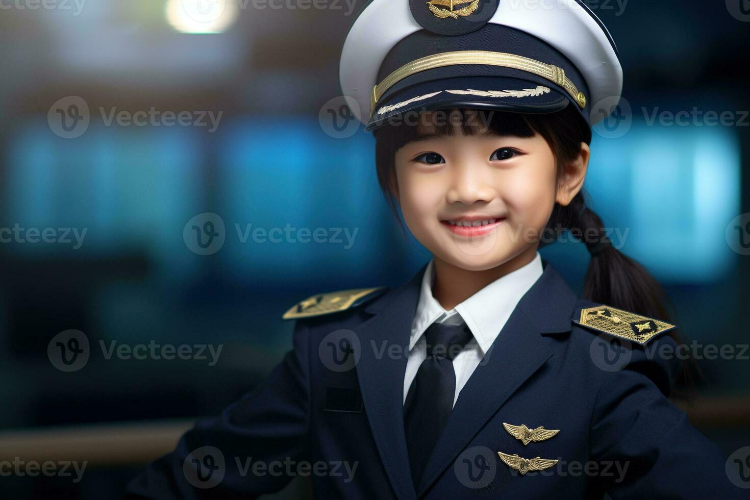 Portrait of a cute asian little girl in a pilot uniform AI generated photo