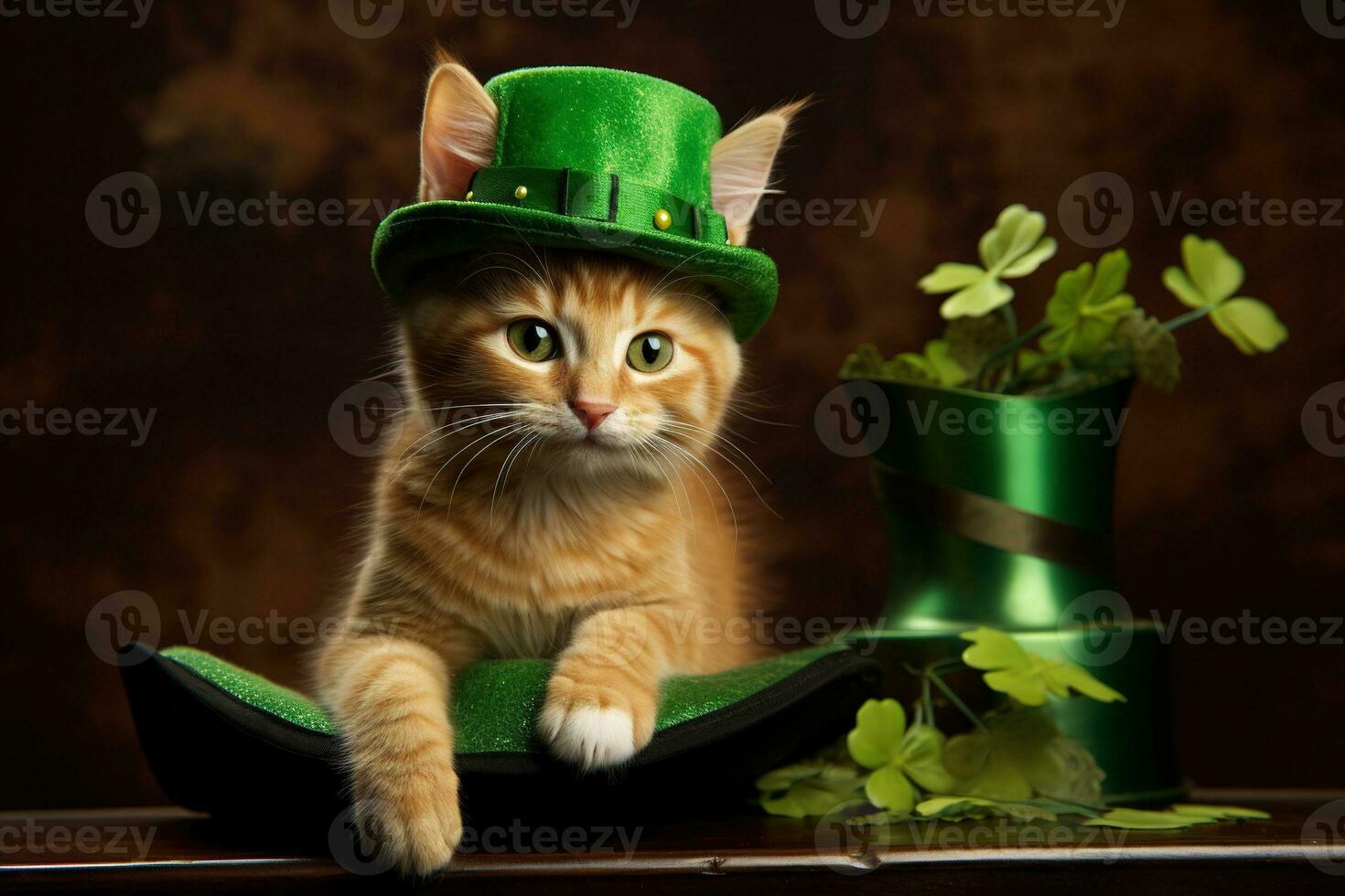 Cute cat wearing a green top hat for St. Patrick's Day. AI generated photo