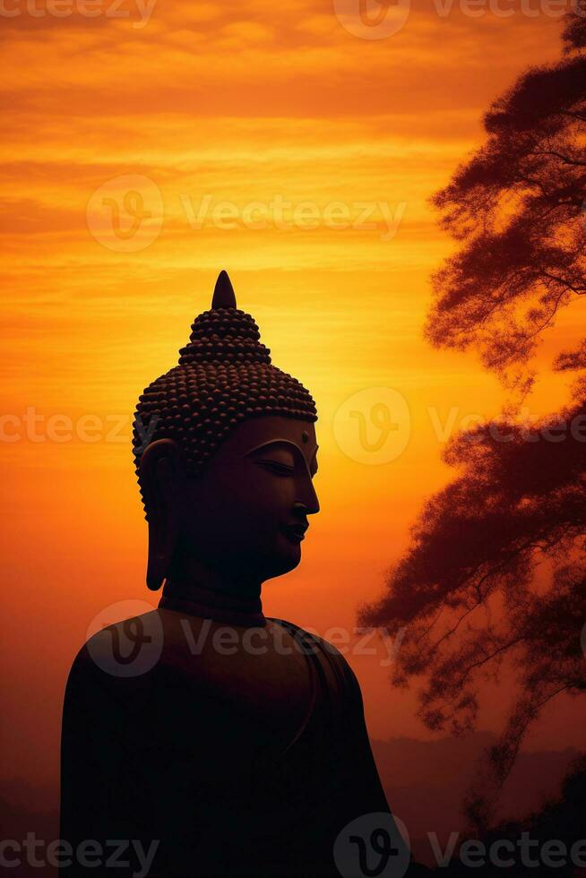 Buda estatua y puesta de sol en el Mañana ai generado foto