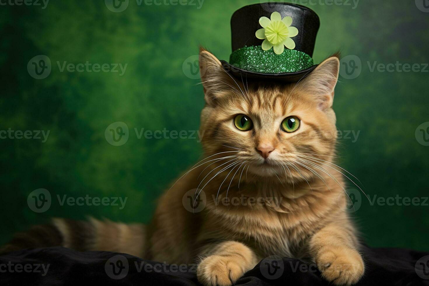 Cute cat wearing a green top hat for St. Patrick's Day. AI generated photo