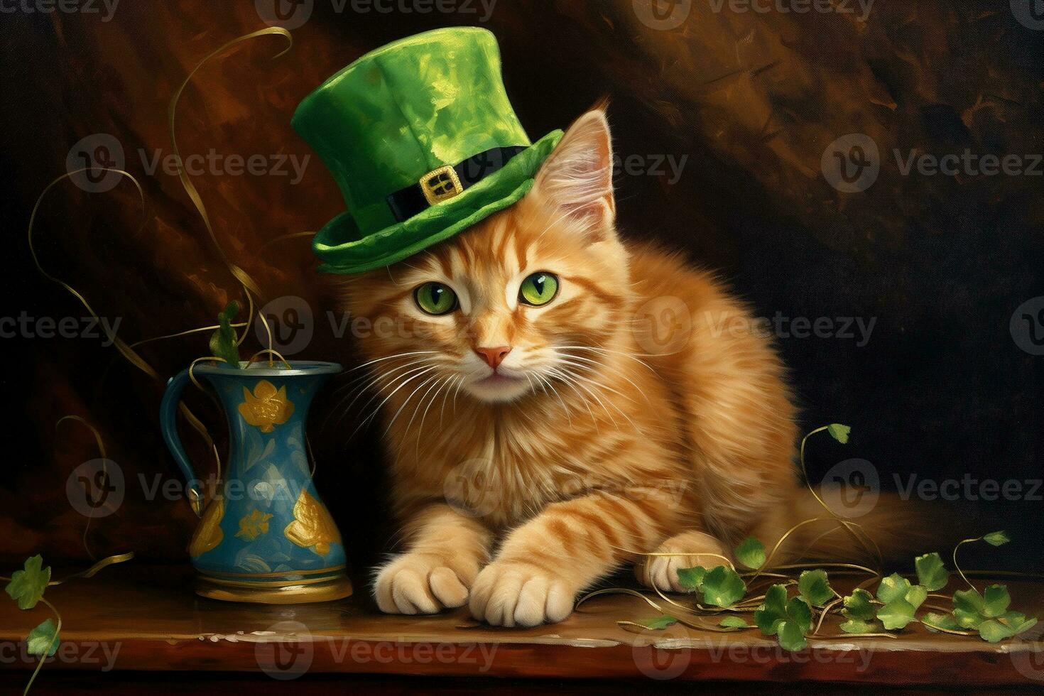 Cute cat wearing a green top hat for St. Patrick's Day. AI generated photo