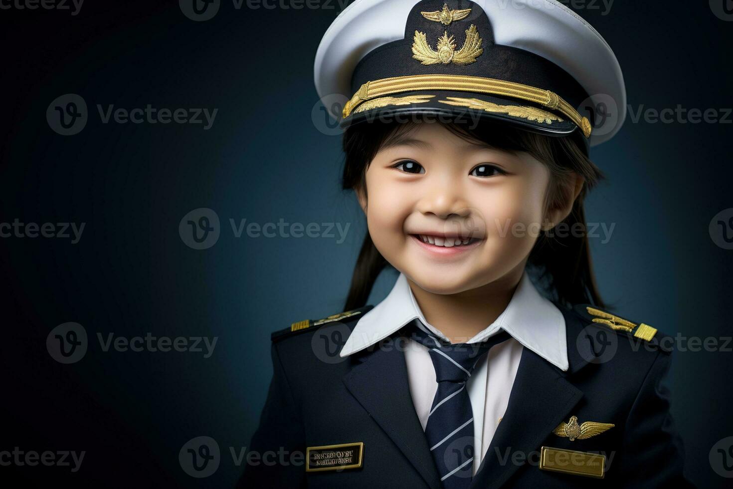 retrato de un linda asiático pequeño niña en un piloto uniforme ai generado foto