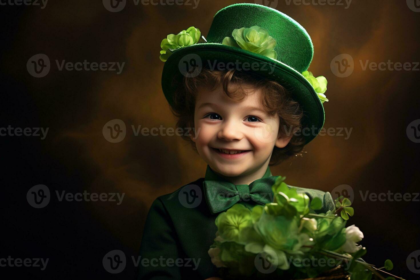 Portrait of a smiling boy in a leprechaun costume. St. Patrick's Day. AI generated photo