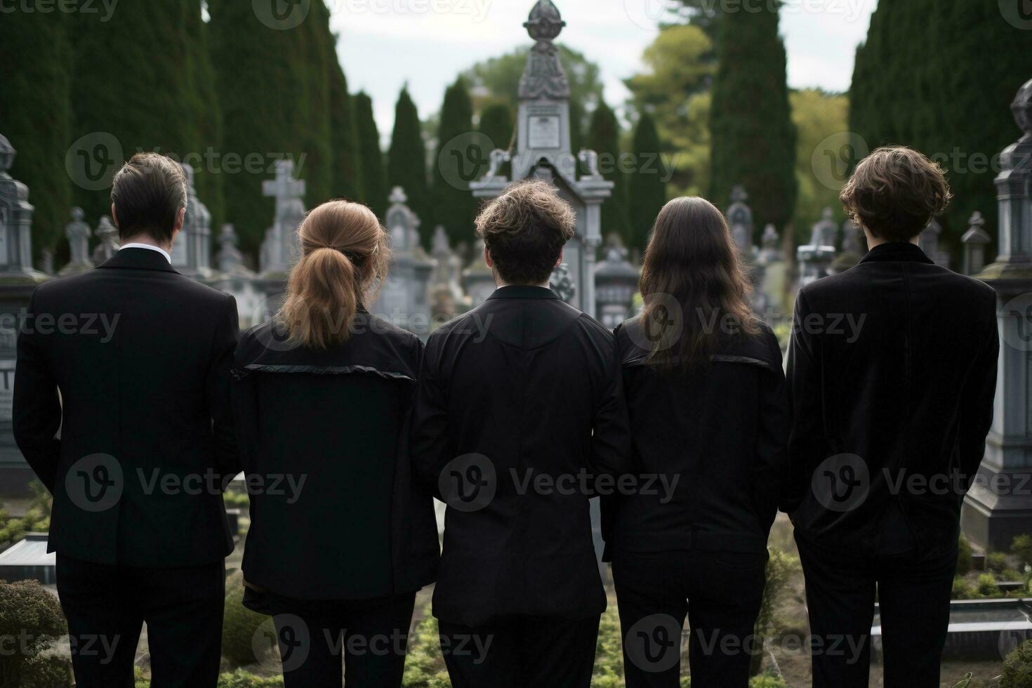 un grupo de joven personas en un cementerio mirando a el lápidas ai generado foto