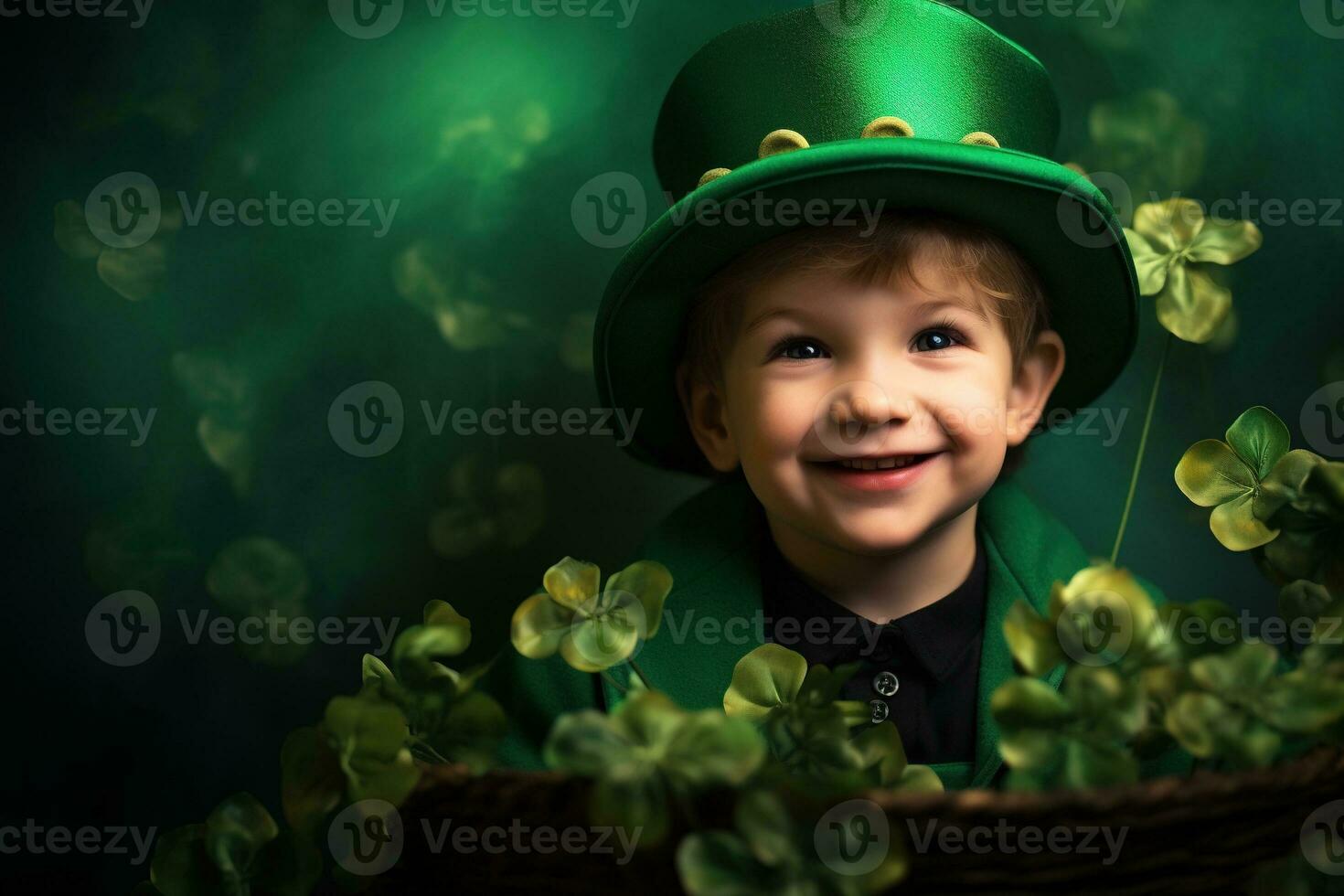 Portrait of a smiling boy in a leprechaun costume. St. Patrick's Day. AI generated photo