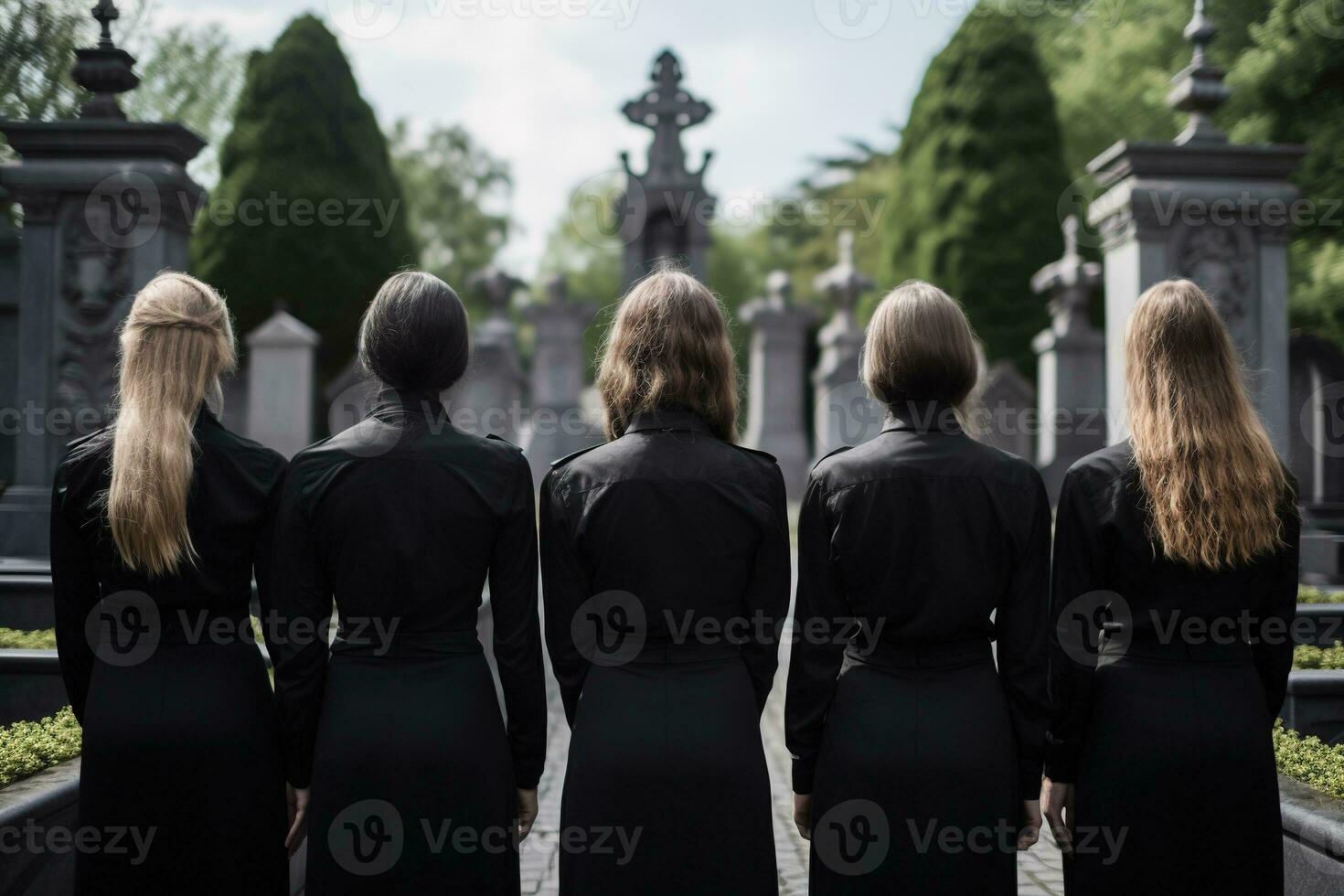 A group of young people in a cemetery looking at the tombstones AI generated photo