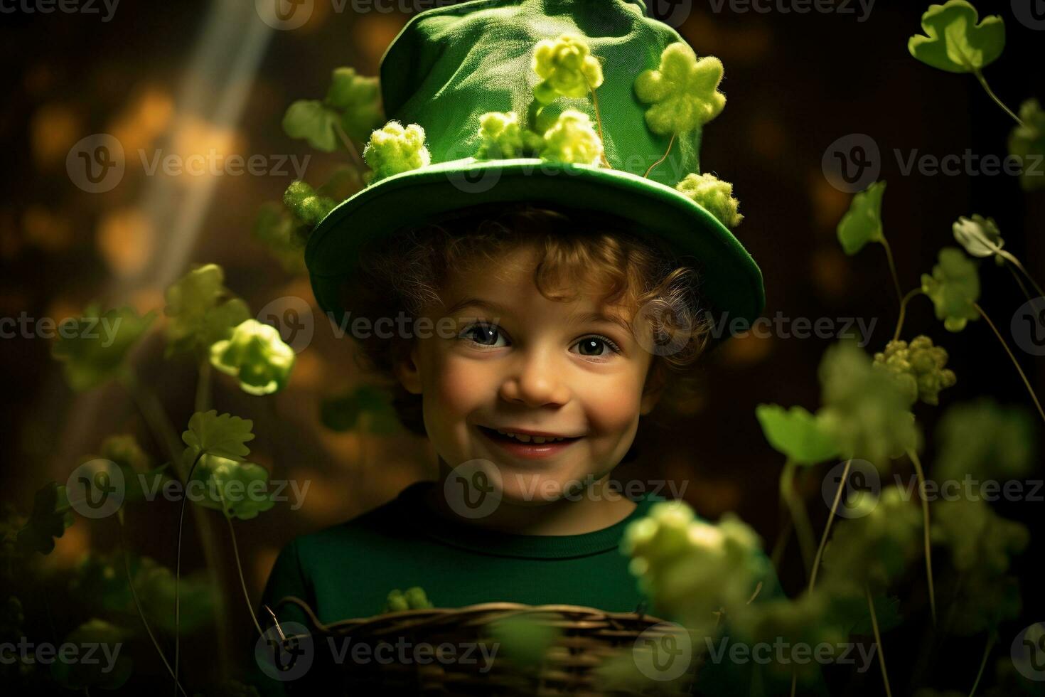 Portrait of a smiling boy in a leprechaun costume. St. Patrick's Day. AI generated photo