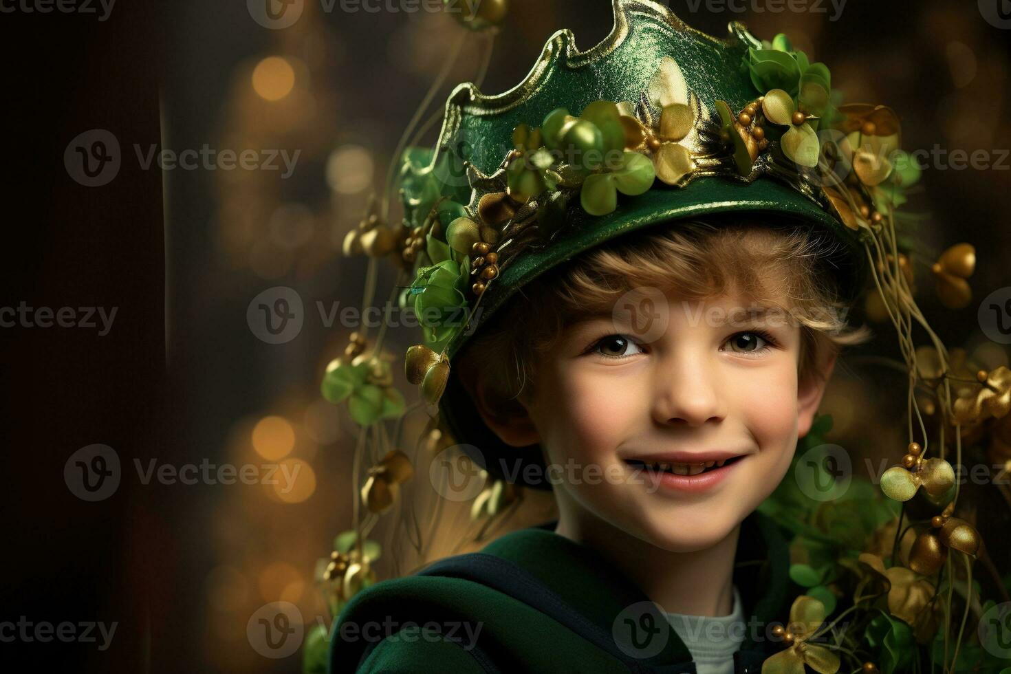 Portrait of a smiling boy in a leprechaun costume. St. Patrick's Day. AI generated photo