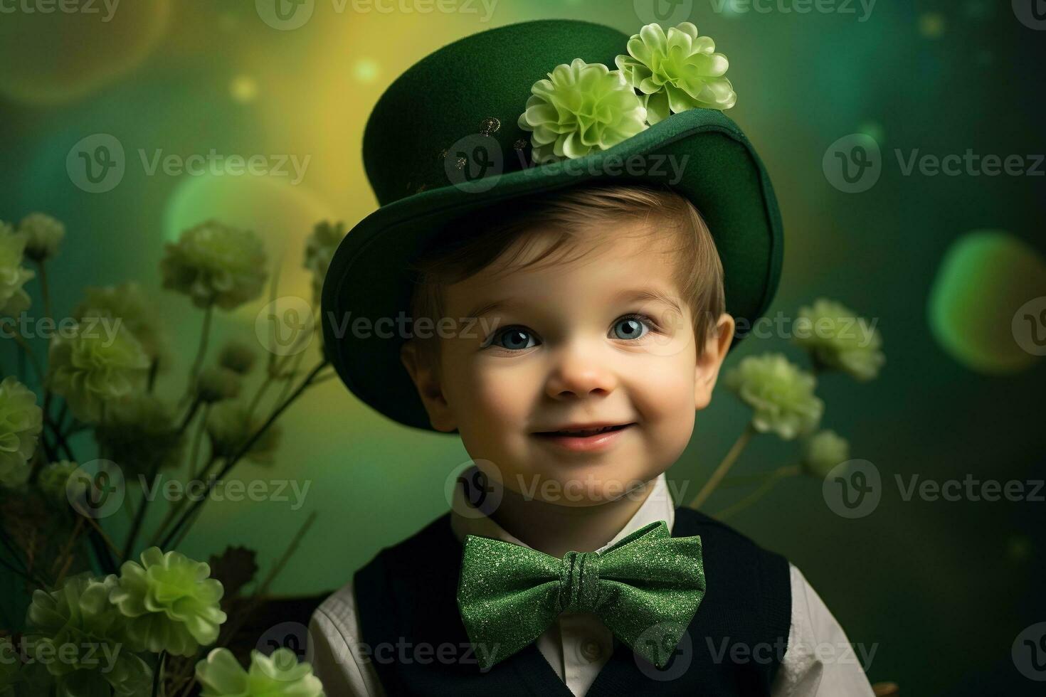 Portrait of a smiling boy in a leprechaun costume. St. Patrick's Day. AI generated photo