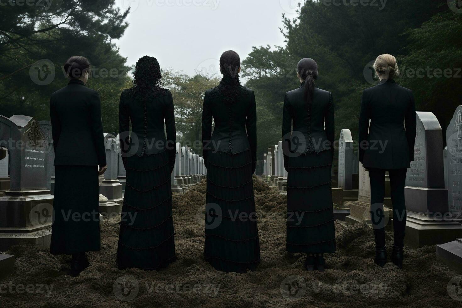 A group of young people in a cemetery looking at the tombstones AI generated photo