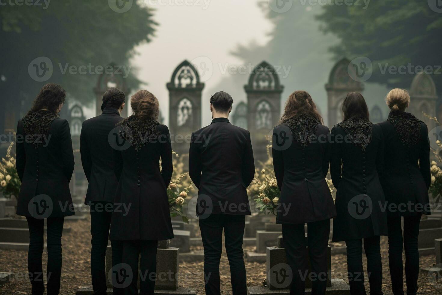 un grupo de joven personas en un cementerio mirando a el lápidas ai generado foto