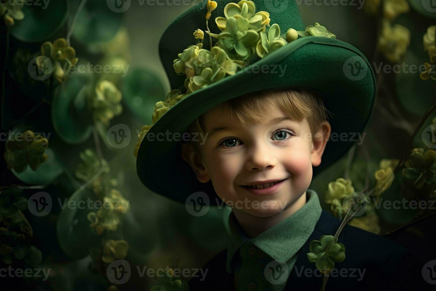 Portrait of a smiling boy in a leprechaun costume. St. Patrick's Day. AI generated photo