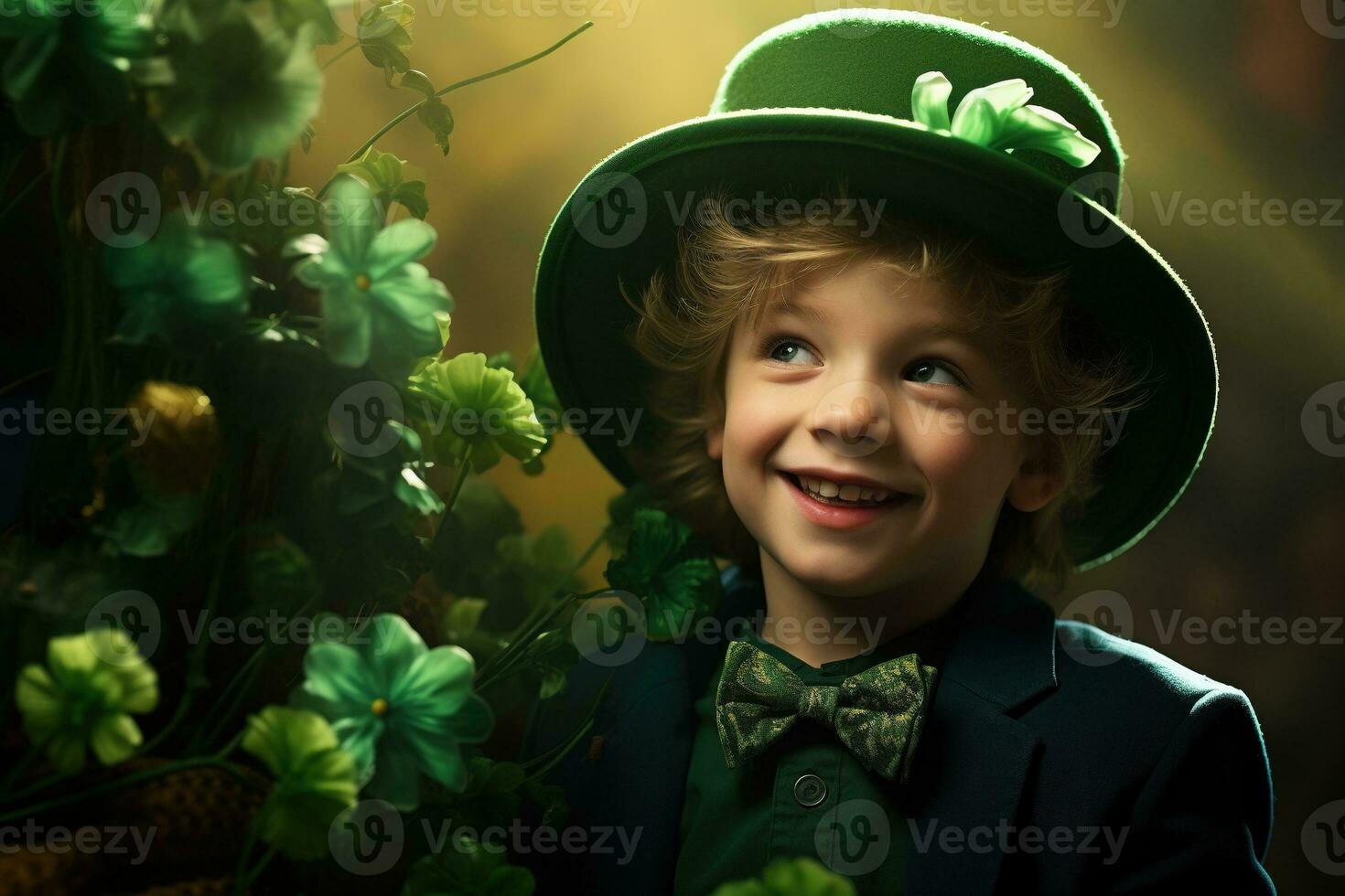 Portrait of a smiling boy in a leprechaun costume. St. Patrick's Day. AI generated photo