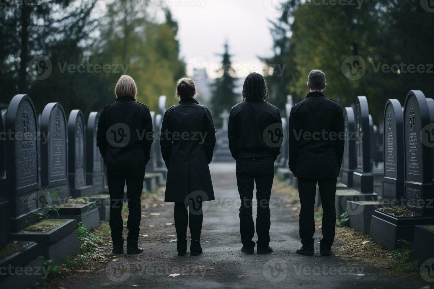 un grupo de joven personas en un cementerio mirando a el lápidas ai generado foto