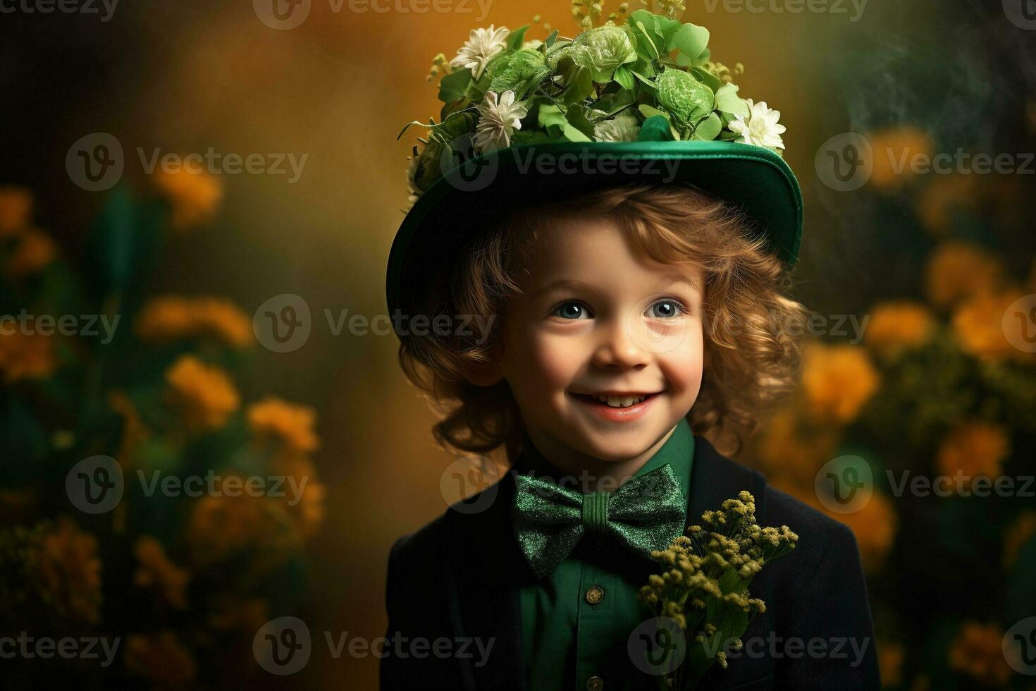 Portrait of a smiling boy in a leprechaun costume. St. Patrick's Day. AI generated photo