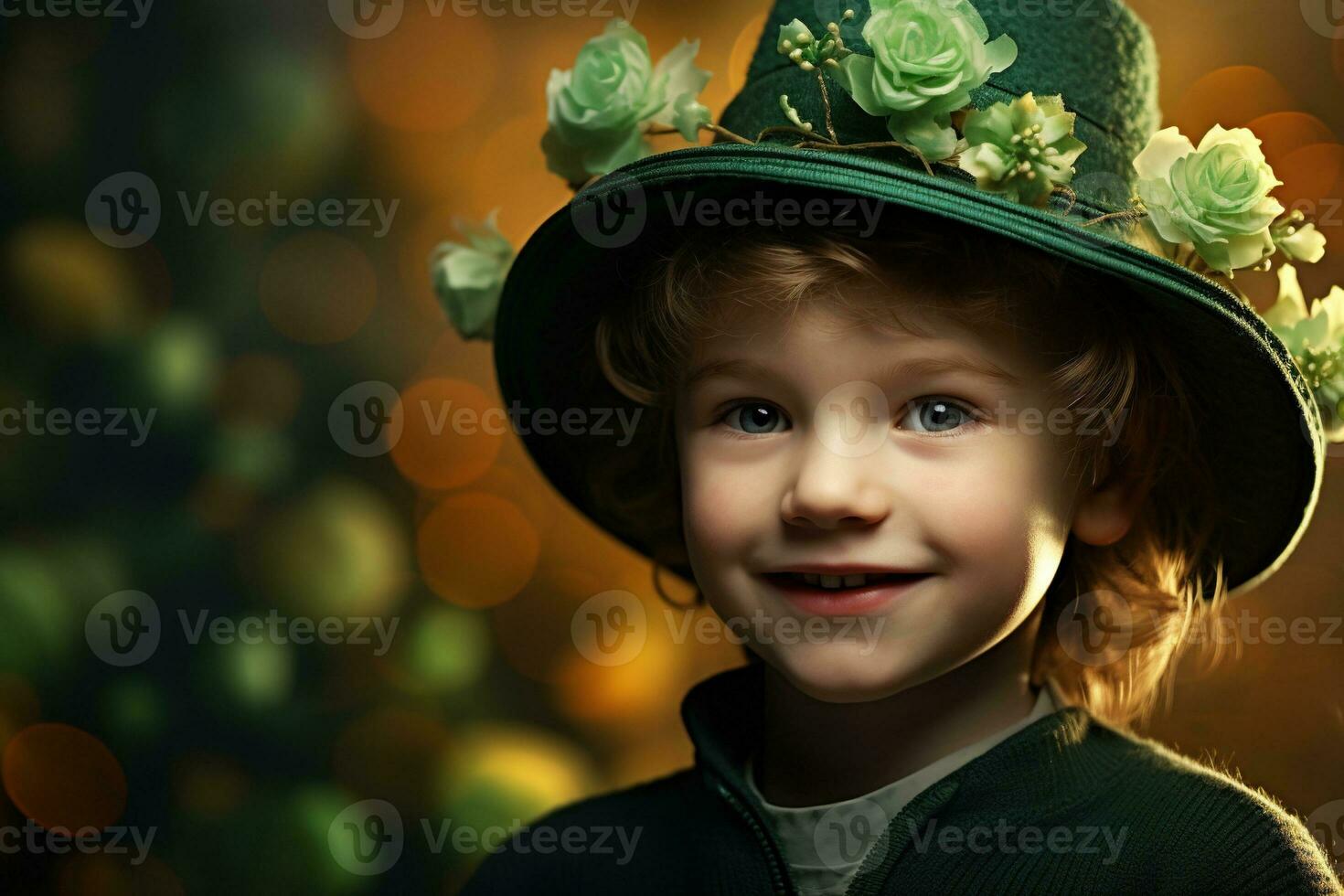 Portrait of a smiling boy in a leprechaun costume. St. Patrick's Day. AI generated photo