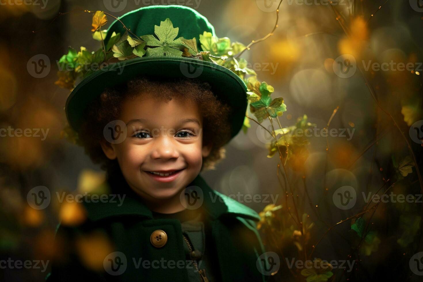 Portrait of a smiling boy in a leprechaun costume. St. Patrick's Day. AI generated photo