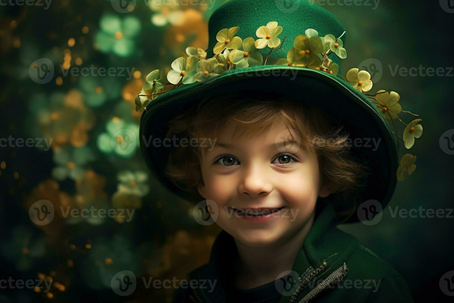 Portrait of a smiling boy in a leprechaun costume. St. Patrick's Day. AI generated photo