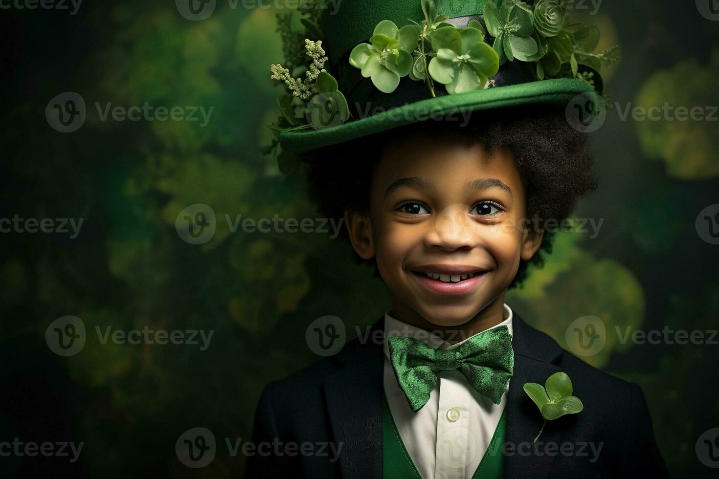 Portrait of a smiling boy in a leprechaun costume. St. Patrick's Day. AI generated photo